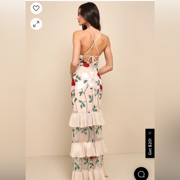 True to Heart Beige Floral Embroidered Ruffled Tiered Maxi Dress - Picture 2 of 6